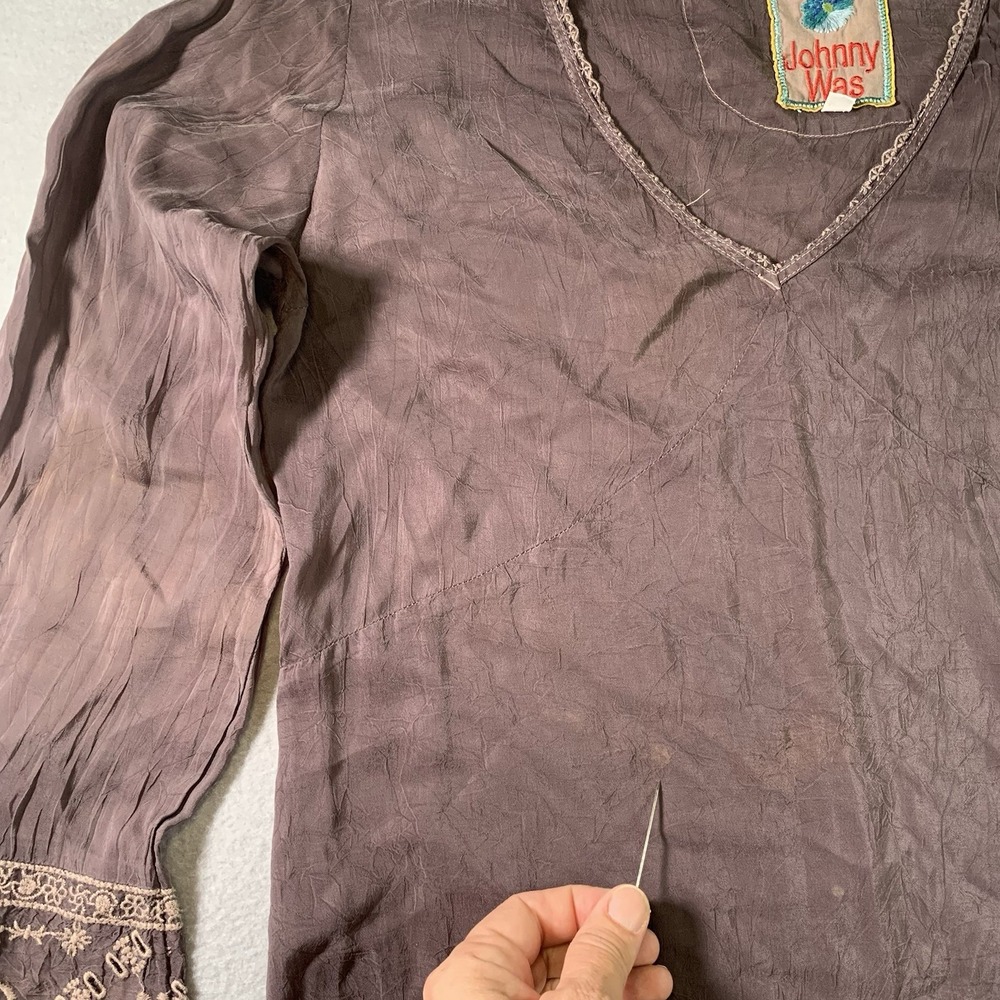 Johnny Was Brown Embroidered Asymmetrical V-neck Tunic Top Size S - Picture 8 of 11
